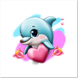 Cute Blue Baby Dolphin and a Valentine Heart Posters and Art